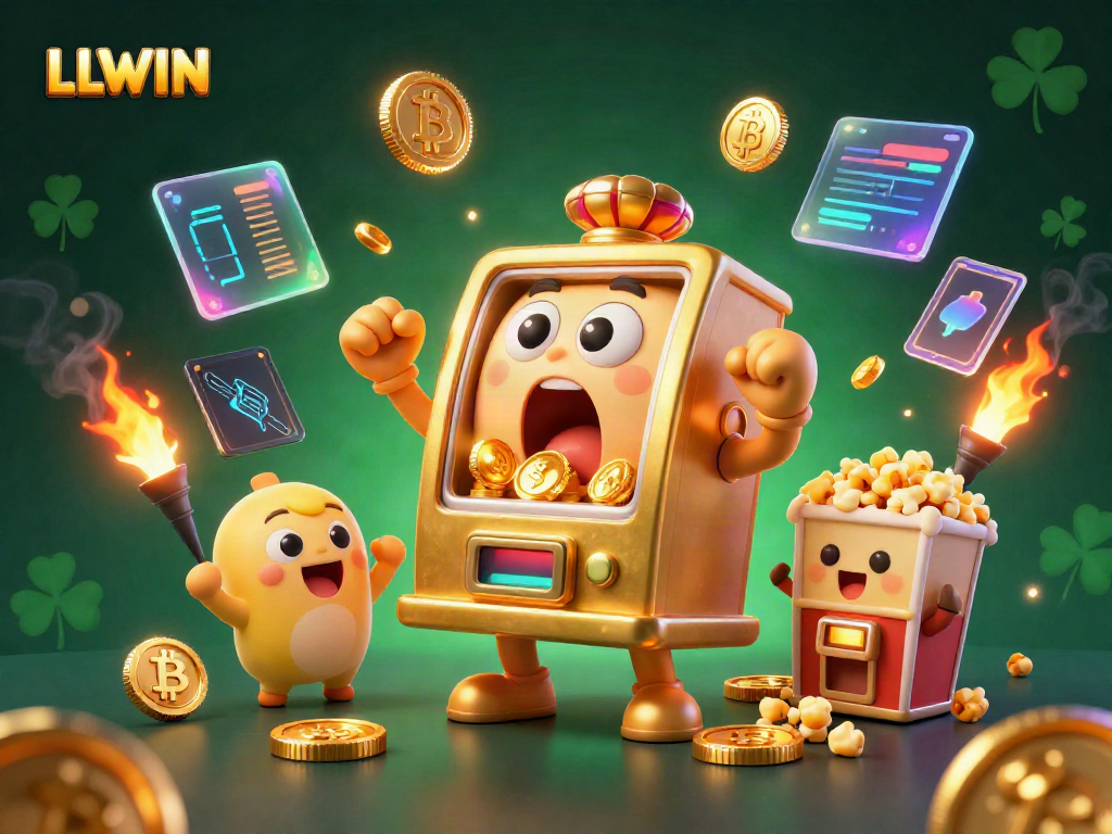 LLWIN slot machine hits jackpot with coins pouring out, showcasing a lively gaming scene.