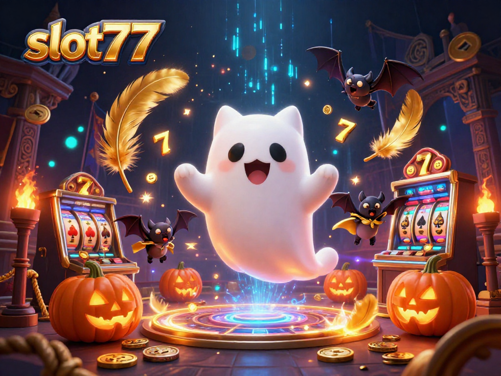 Experience the excitement of slot777 with a ghost cat in a haunted casino, lively slot reels, and glowing poker symbols.