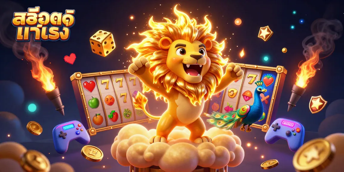 Engage with exciting สล็อตแท้ตรง slots featuring a roaring sun lion, golden dice, and vibrant gaming elements.