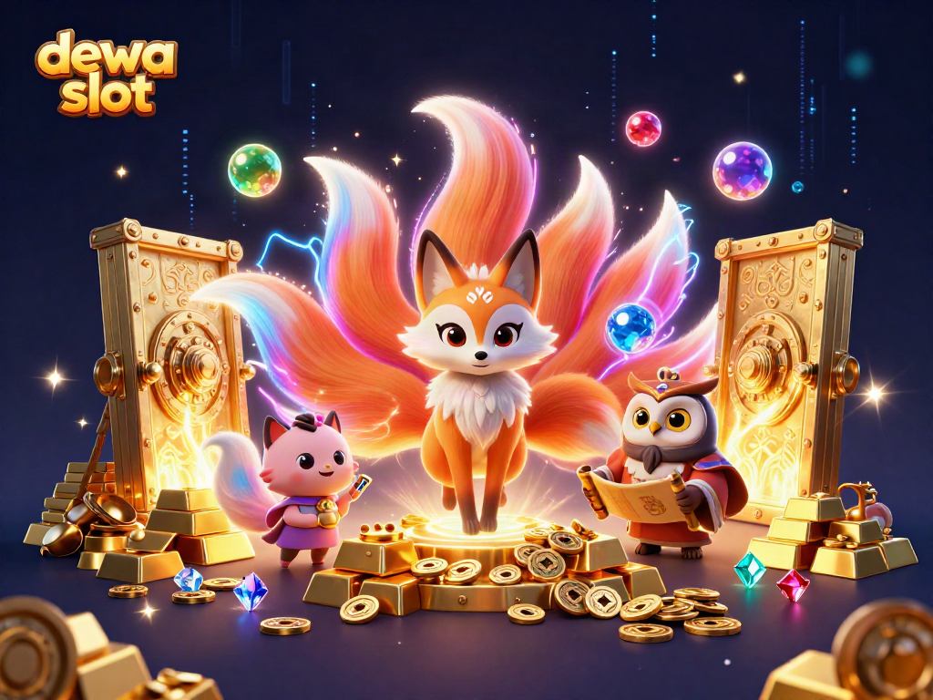 Menangkan permainan dewa slot dengan kekuatan harta karun, karakter berwarna cerah dan suasana kasino yang glamor.