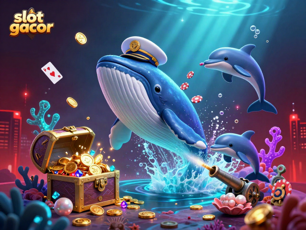 Experience the thrill of slot gacor with vibrant underwater casino action featuring whales and poker chips.