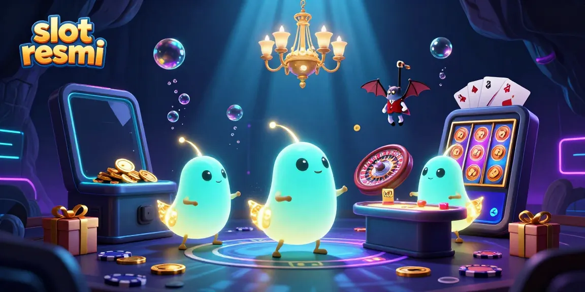 Gambarkan slot resmi dalam ilustrasi kasino gua yang cerah dengan karakter lucu dan elemen permainan.