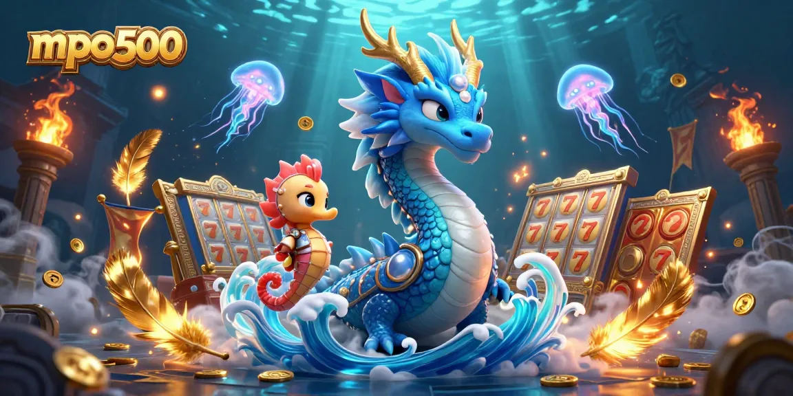 MPO500 showcases a vibrant 3D casino scene featuring slot reels and a dragon adventure.