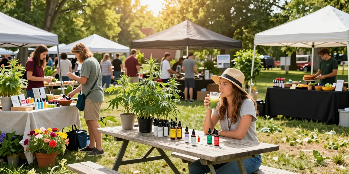 Best vapes Canada displayed at an outdoor wellness market, featuring CBD oil, hemp plants, and organic products promoting natural health.