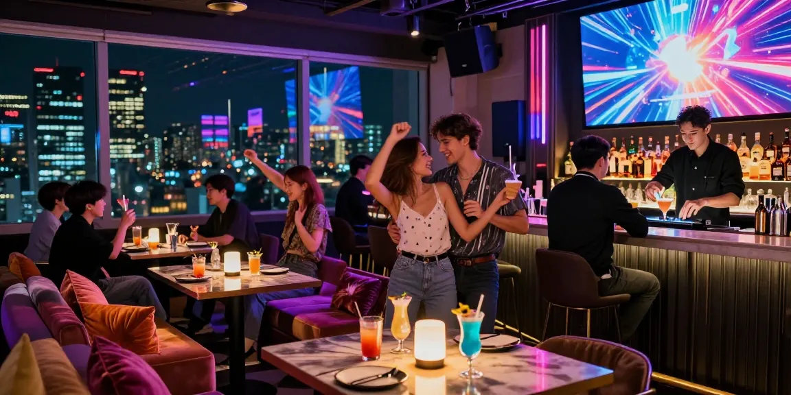 Experience vibrant parties at 상봉동 한국관나이트 with stylish patrons enjoying cocktails and dancing in a lively atmosphere.