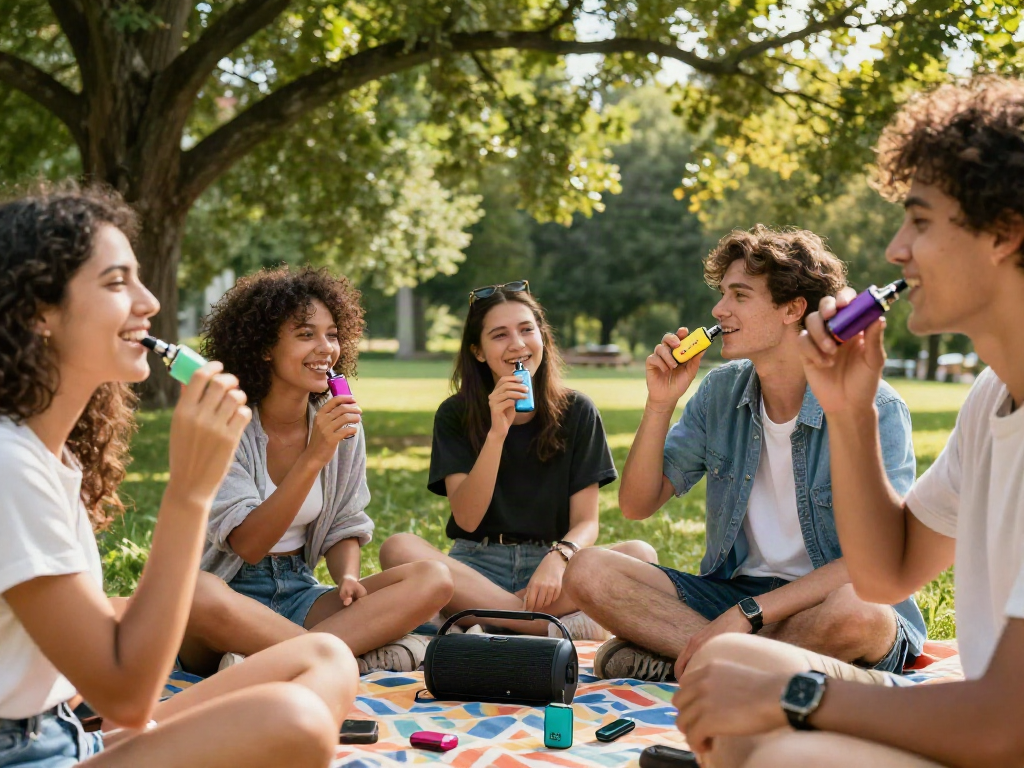 Group of friends enjoying Hitz infinity Gen 7 vapes at a sunny park picnic.