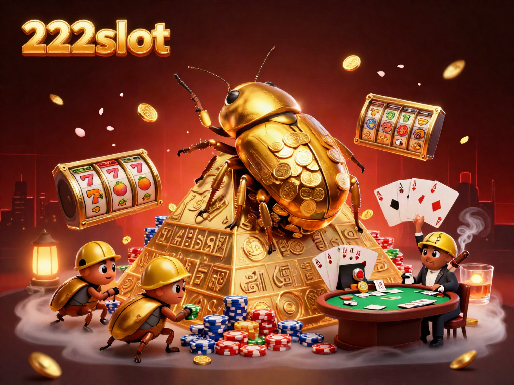 Menangkan 222slot dengan ilustrasi 3D kumbang emas dan simbol kasino berkilau di latar belakang megah.