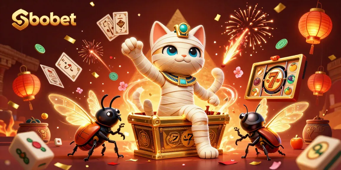 Engage with sbobet's exciting features while a mummy cat bursts from a golden sarcophagus in dynamic casino art.