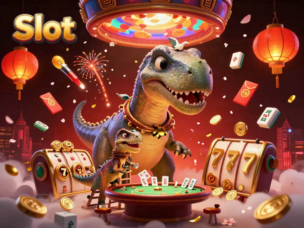 Slot yang memukau dengan dinosaur raksasa dan elemen permainan keberuntungan berwarna-warni.
