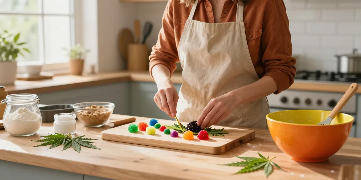 Colorful cannabis-infused desserts being prepared in a bright kitchen, showcasing thc edibles uk creative baking