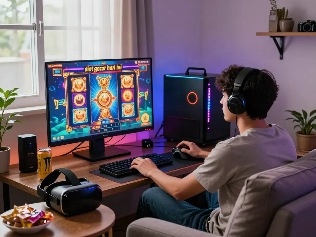Exciting gaming moment showcasing slot gacor hari ini in a cozy living room.