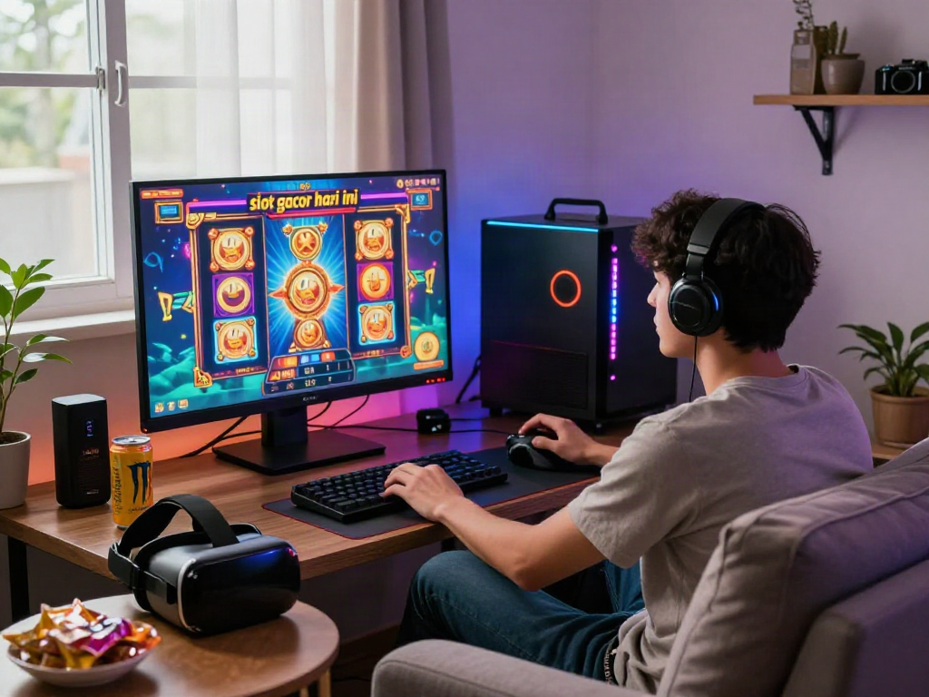 Exciting gaming moment showcasing slot gacor hari ini in a cozy living room.