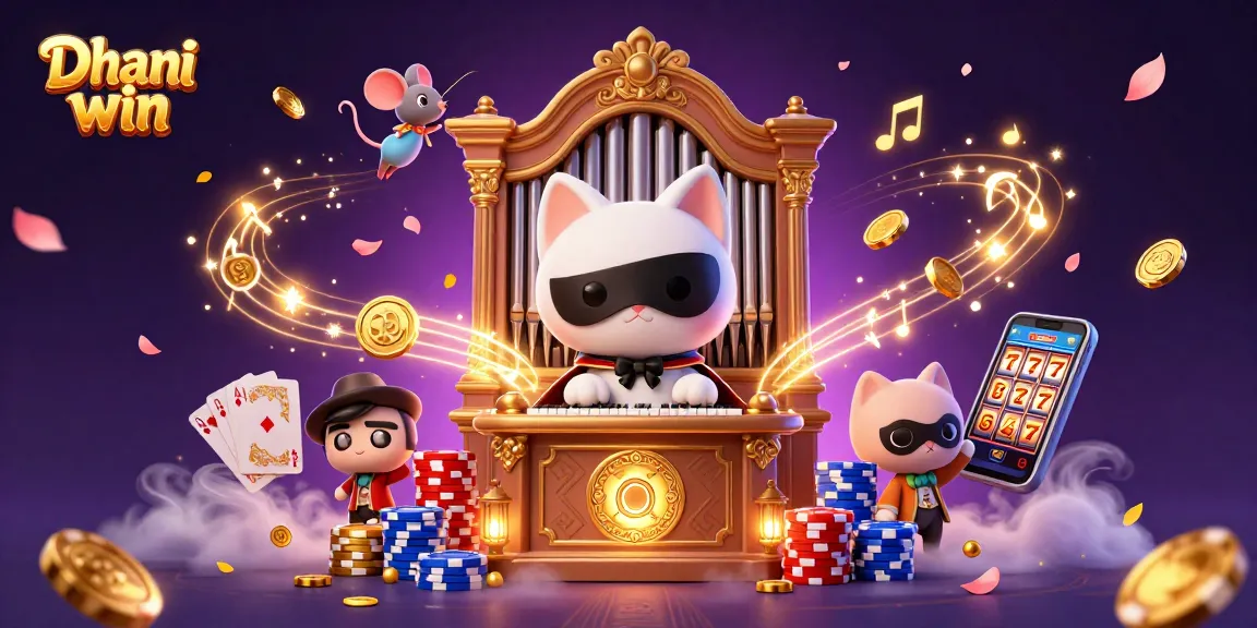 Dhani win offers thrilling casino action with a cat at an organ amidst coins and cards.