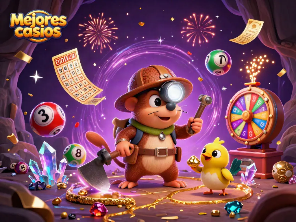 Descubre los mejores casinos mientras juegan el afortunado topo y su canario entre elementos dinámicos de juego.