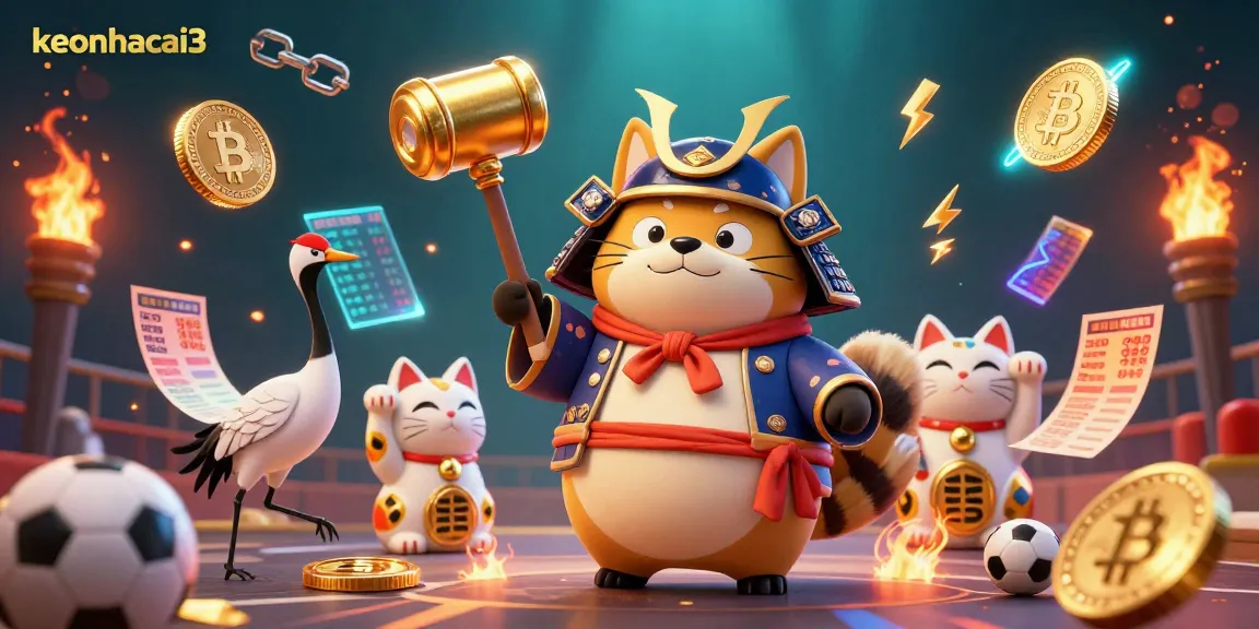 Engage with keonhacai3 as fortune cats celebrate winning sports bets amidst colorful gaming elements.
