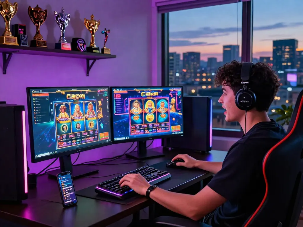 Exciting gaming setup with slot online gacor games on dual monitors and vibrant LED lighting