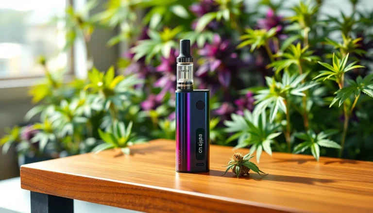 Showcasing a Cannabis Vape setup with a vape pen and colorful cartridges on a stylish table.
