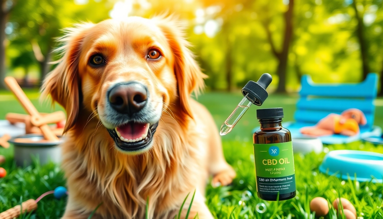 Happy dog benefiting from CBD For Pet with an oil dropper in a sunny park.