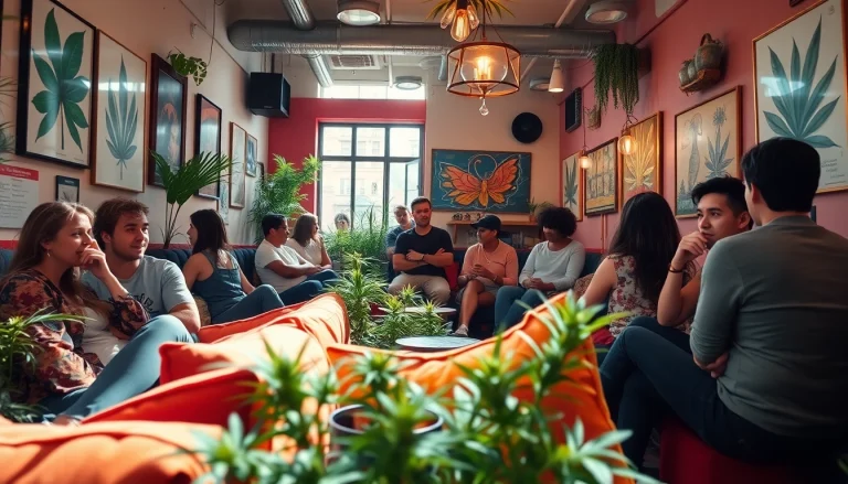 Experience the vibrant environment of a weed club Madrid with patrons enjoying cannabis products.