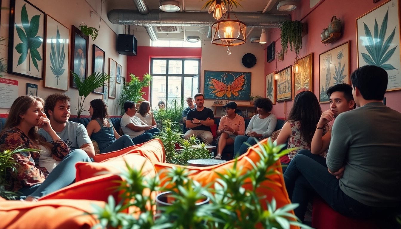 Experience the vibrant environment of a weed club Madrid with patrons enjoying cannabis products.