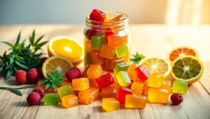 Delicious Weed Gummies in colorful arrangement with fresh fruits on a wooden table.