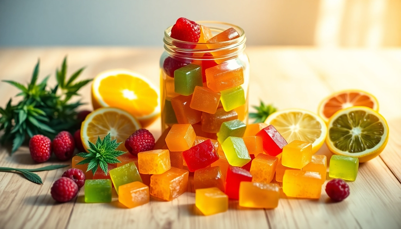 Delicious Weed Gummies in colorful arrangement with fresh fruits on a wooden table.