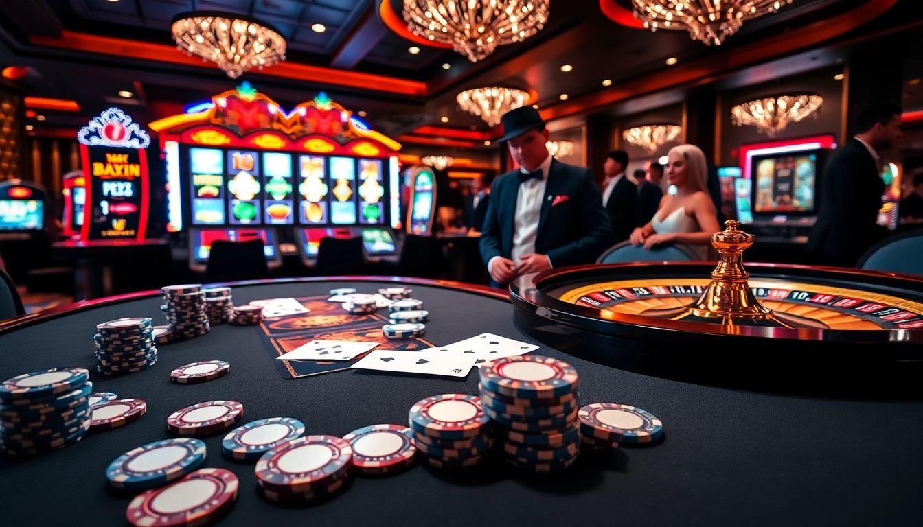Exciting gambling scene at https://hay88.page/ featuring poker chips, cards, and a roulette wheel.