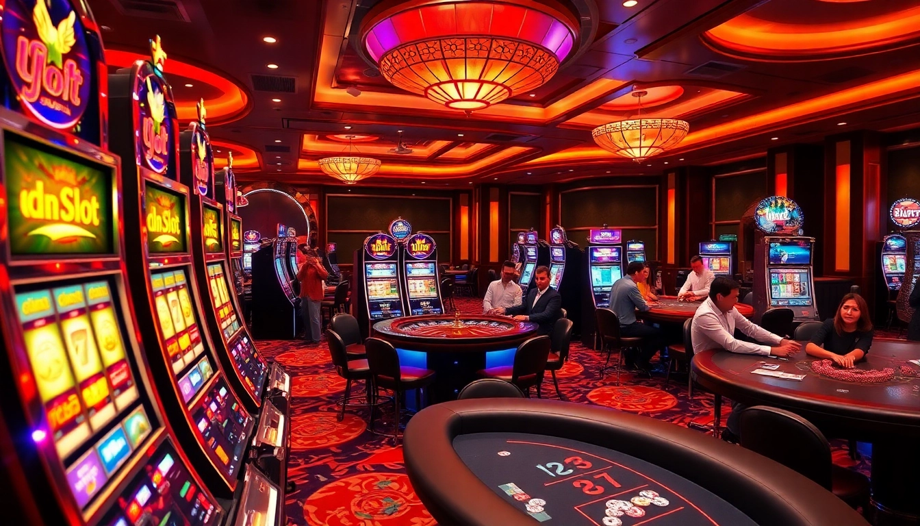 Excited casino players compete at idn slot machines, showcasing thrilling gambling action.