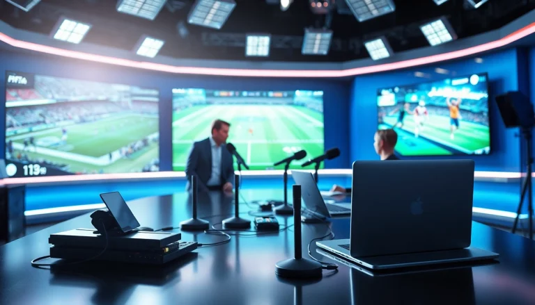 Engaging setting for sports broadcasting with hosts broadcasting live event discussions.