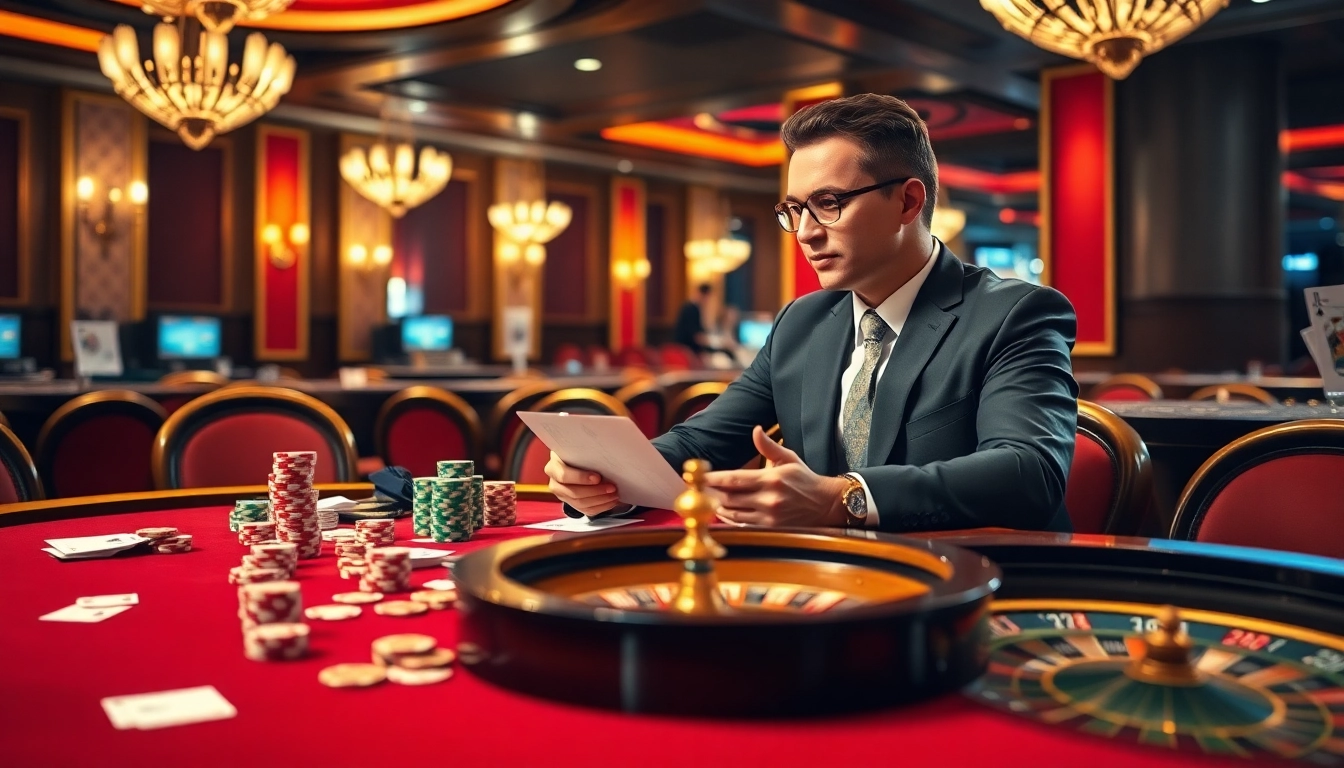 An immigration lawyer in Melbourne discusses strategies amid poker chips and casino tables, highlighting professionalism.