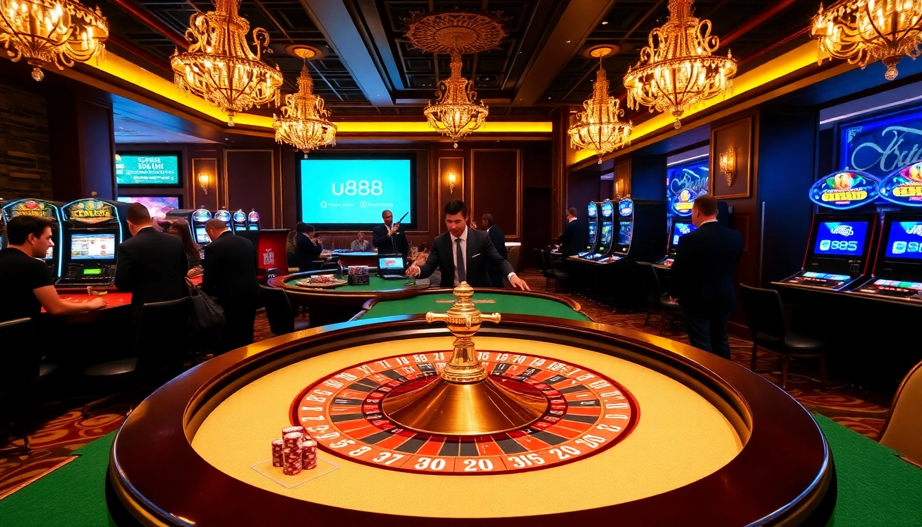 Players enjoying the u888 casino experience at a luxurious roulette table with vibrant decor.