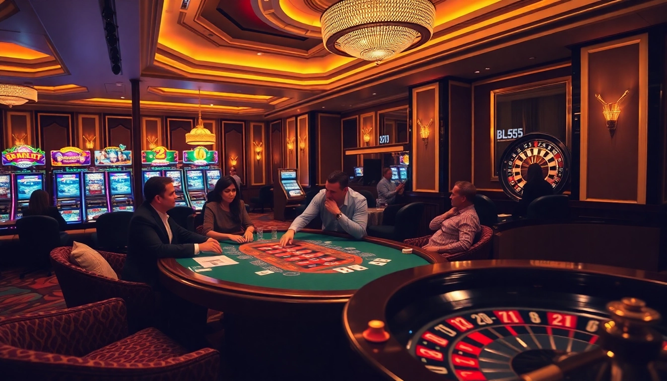 Players enjoying high-stakes poker at BL555 casino with vibrant lights and luxury design.
