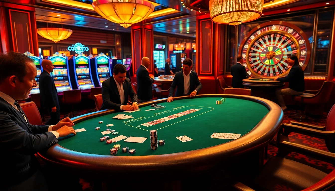 A captivating poker scene showcasing the thrill of gambling at https://rr88co.net/ with elegant players, chips, and betting slips.