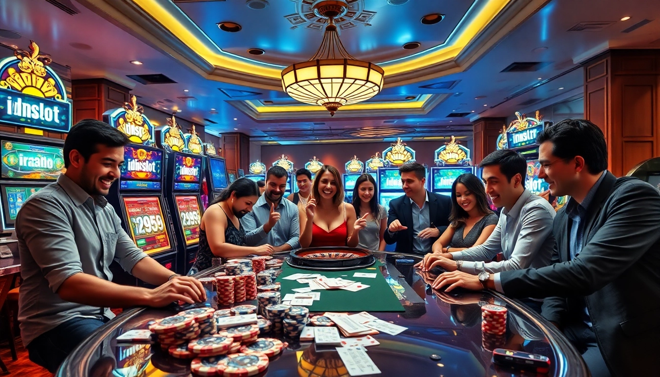 Players engaging with idnslot games at a vibrant casino table, highlighting excitement and luxury.