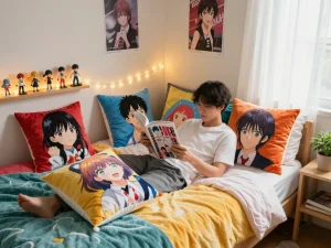 Custom dakimakura pillow on a cozy bed with colorful anime designs, creating a vibrant atmosphere.