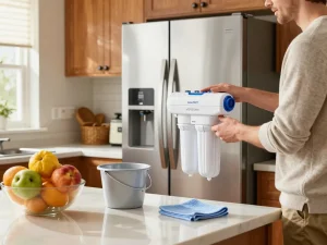 AQUA CREST ADQ73613401 Refrigerator Water Filter being installed in a modern kitchen, highlighting the importance of clean water.