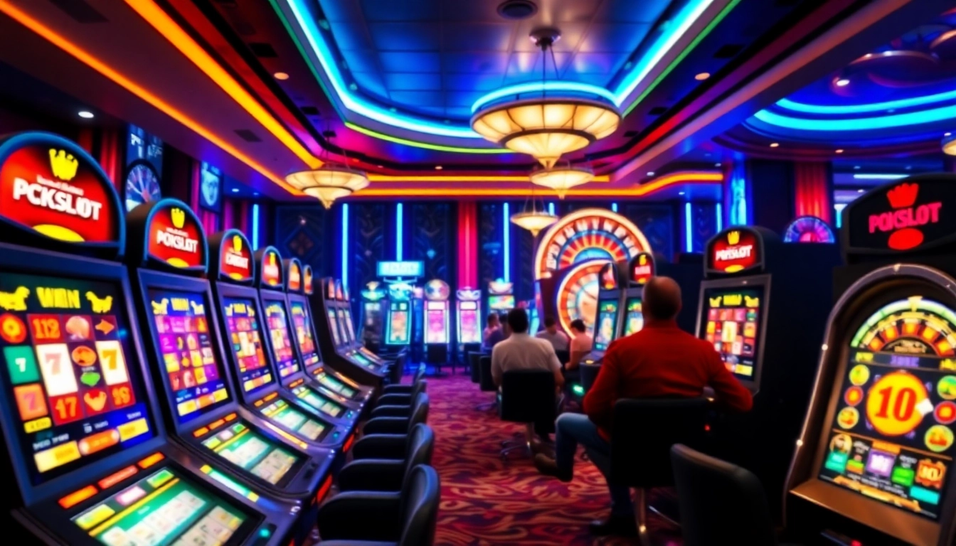 Spin the reels of PG Slot demo on a luxurious casino floor with vibrant neon lights.