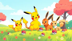 Playful Pokémon SVG design featuring Pikachu, Charizard, and Eevee in a colorful outdoor scene.