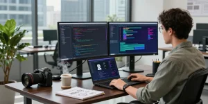 KoboldAI coder working in a modern office environment, showcasing AI chatbot coding on dual monitors.