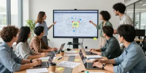 Creative team using mixboard ai for brainstorming in a modern office