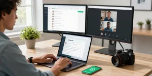 Professional using WhatsApp電腦版 on a laptop in a stylish office setting with natural light and dual monitors.