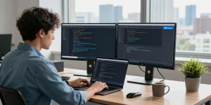Telegram Download showcased in a tech workspace with coding screens and modern office setting.