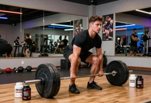 Athletic man lifting weights in a gym showcasing Deus Medical Steroids for enhanced fitness.