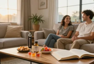Delicious weed edibles on coffee table, surrounded by natural wellness items, snacks, and relaxing atmosphere.