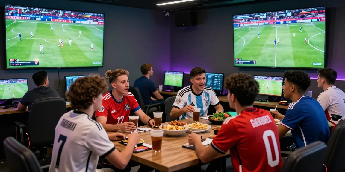 Fans engaging in sports discussions while enjoying snacks, 瞭解內容 on strategies and statistics for the 2026 World Cup.