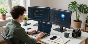 telegram中文版下载 on a developer's dual monitors in a modern workspace, showcasing a productive tech environment.