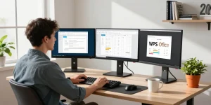 Download WPS Office in a modern office setup with multiple screens showcasing productivity tools.