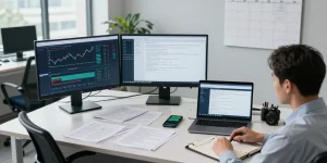 Detailed office scene focusing on asset tracing investigations with monitors, documents, and analytical tools.