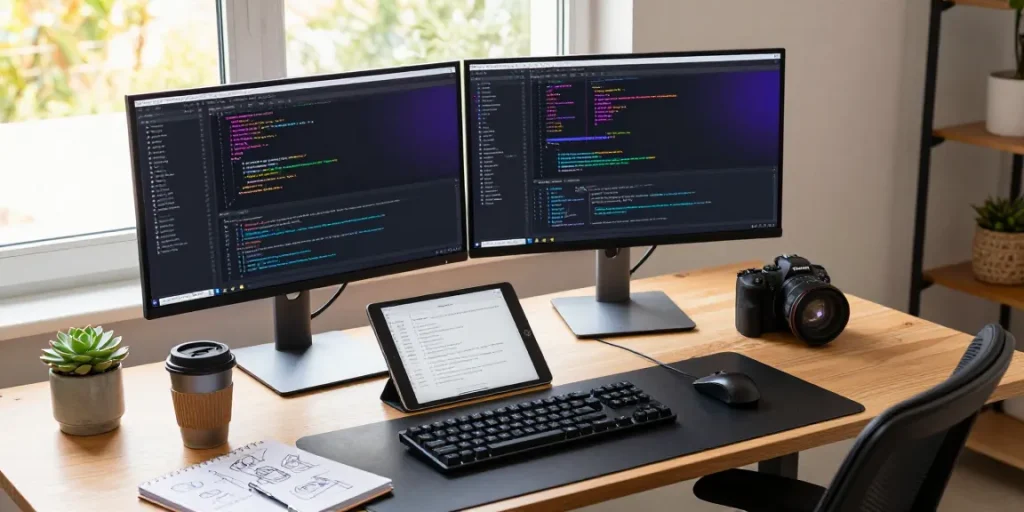 snipaste下载 for efficient software development in a modern workspace with dual monitors, coffee, and digital tools.