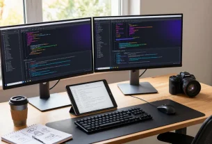 snipaste下载 for efficient software development in a modern workspace with dual monitors, coffee, and digital tools.